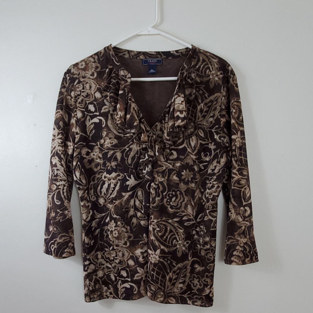 Chaps Brown & Cream Ruffled Flower Top XL